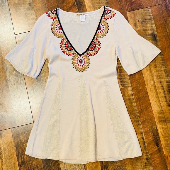 NANETTE LEPORE Beaded V-Neck Tunic Sweater Top - Picture 2 of 7